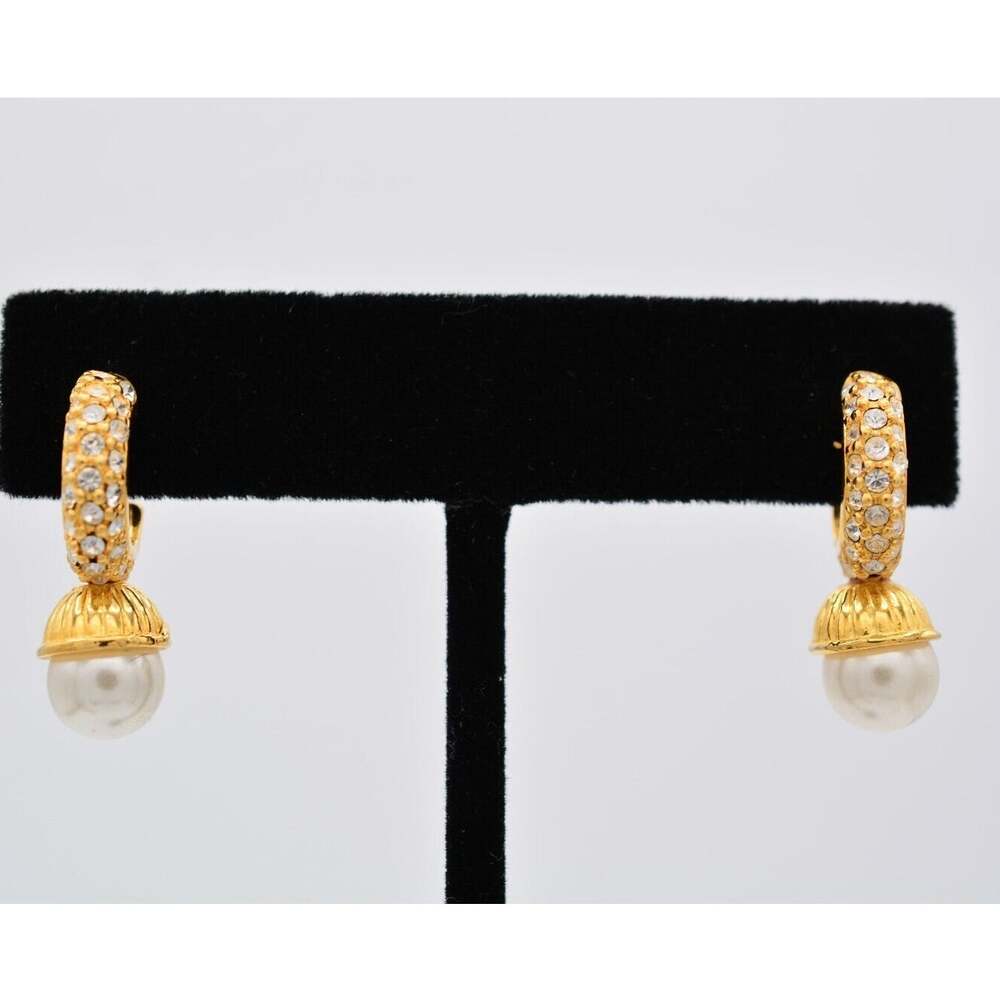 Vintage Crystal Hoop Earrings Faux Pearl Rhinestone Gold Tone Drop Shiny BinAY